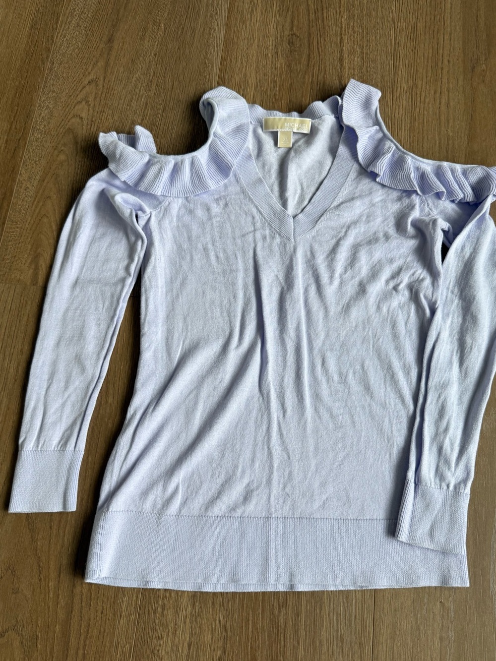 Michael Kors Lavender Cold-Shoulder V-Neck Sweater with Ruffle Trim
